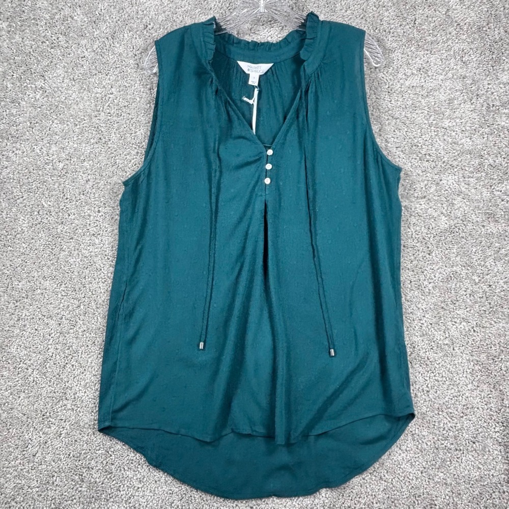 Market & Spruce Womens Teal Swiss Dot Sleeveless Ruffle Henley Blouse Large NWT